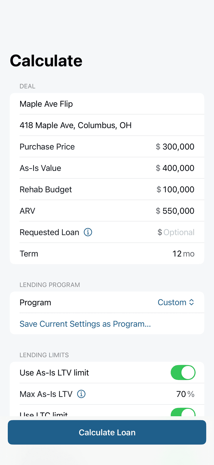 Deal inputs in the app: purchase price, as-is value, rehab budget, ARV and term